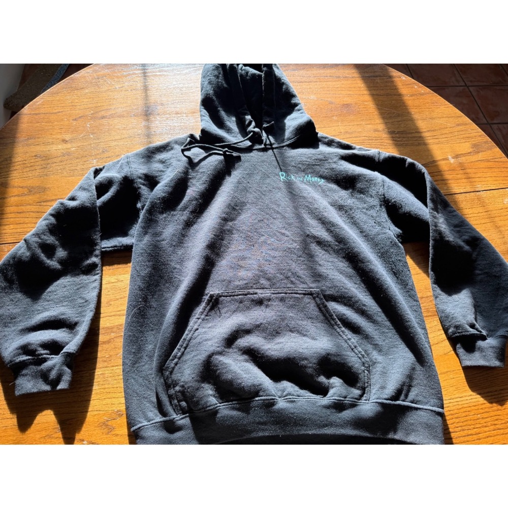 Rick and Morty Graphic Hoodie Black Teal Logo Back Print Sweatshirt Men Large